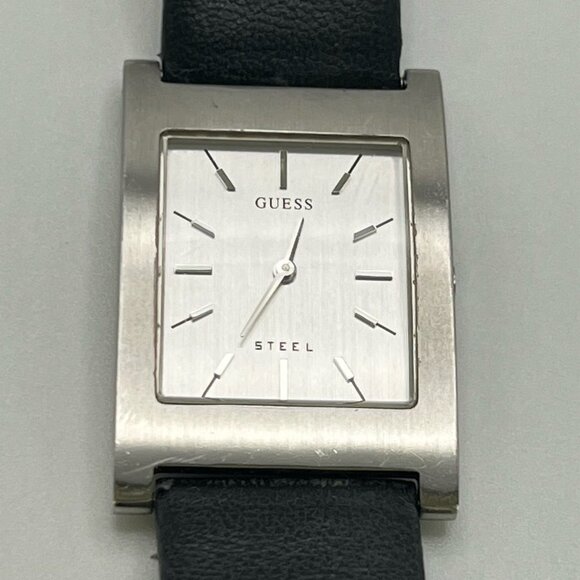 Guess Steel Ladies Watch Silver White Black Leather Strap Working - Picture 1 of 8